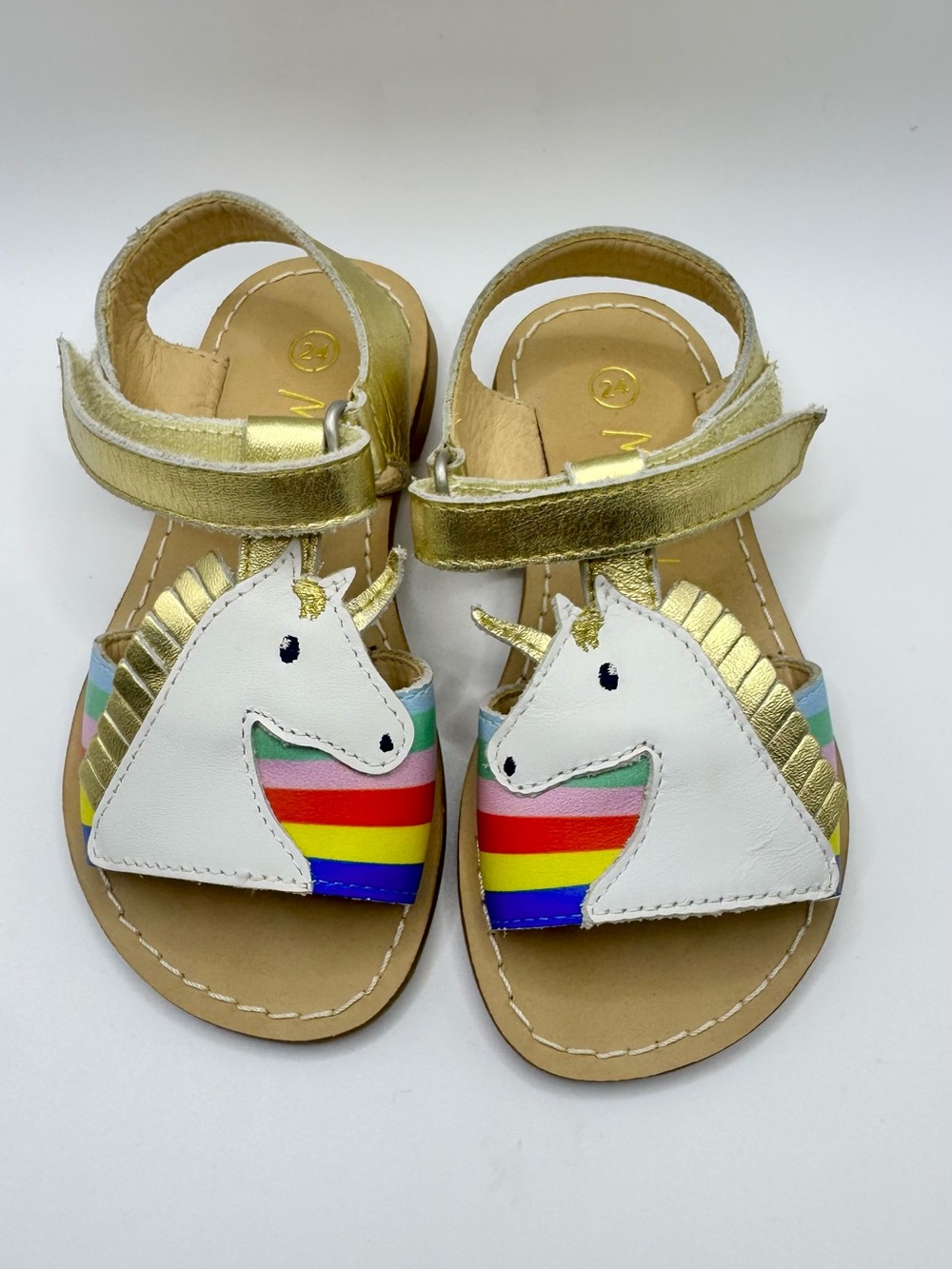 Mini Boden Kids Unicorn Rainbow Leather Sandals‎ Gold Metallic EU 24 C0385